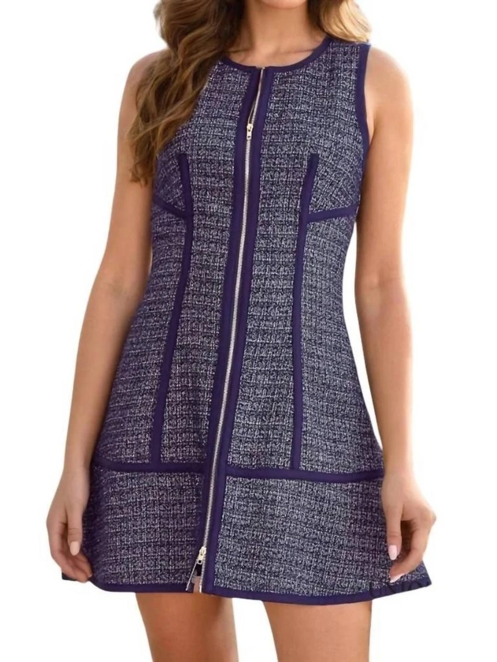 entro Navy Tweed Zip-Front Mini Dress